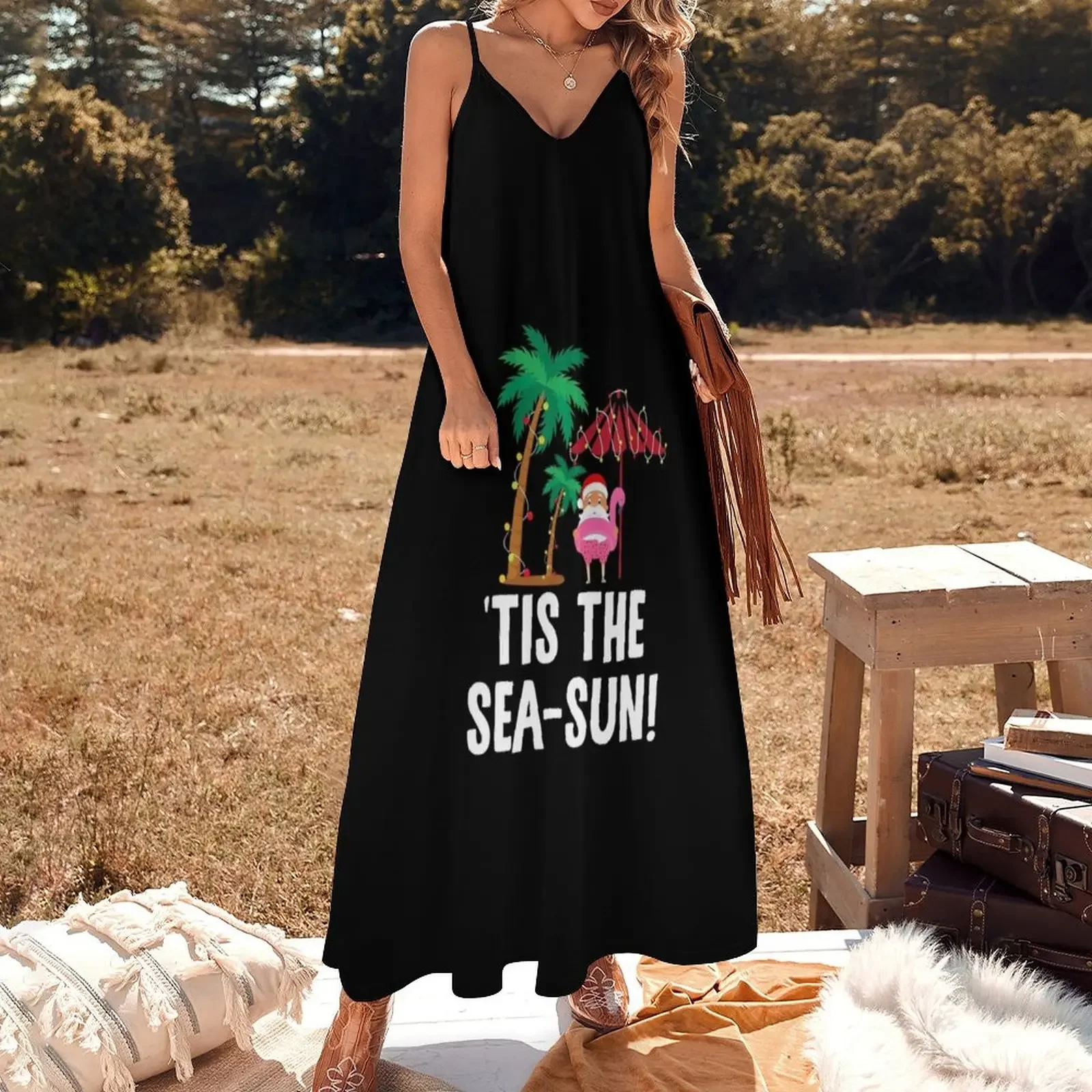 Tis the Sea-Sun Tropical Christmas Season Santa Flamingo Fan Sleeveless Dress Women's skirt