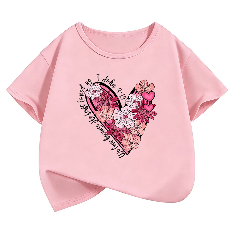 Vintage Floral Love Heart Design T-Shirt Printed T Shirt Girls' Summer Clothes Short Sleeve Tops T-Shirts Cute Kids Clothing