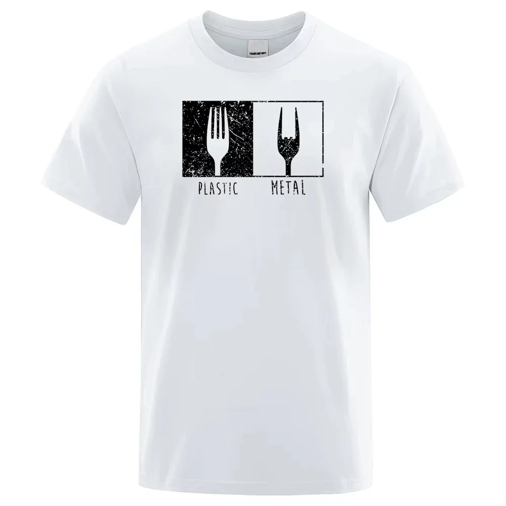 Everyday Objects Pattern Metal Plastic Fork T Shirt Cotton Short Sleeve Men T Shirts Punk Hip Hop T-Shirts Vintage Streetwear