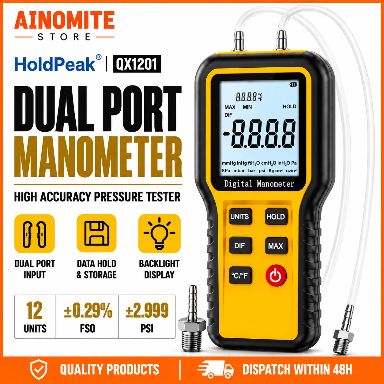 Digital Manometers Handheld Gas Pressure Manometer HVAC Gas Pressure Tester Dual-Port Professional Air Pressure Meter 12 Select