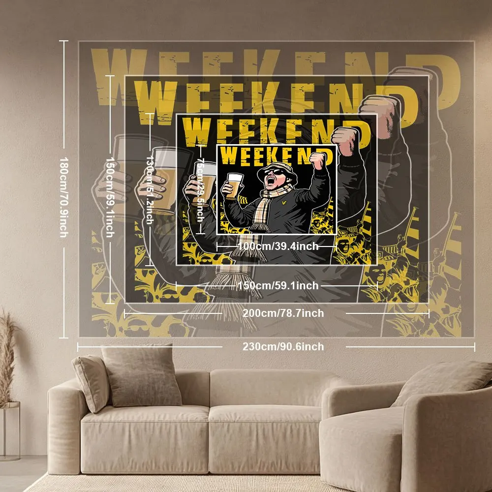 Weekend Football Fan Tapestry, Cartoon Hooligan with Beer and Fist Pump Print Wall Hanging for Sports Bar & Man Cave Decor