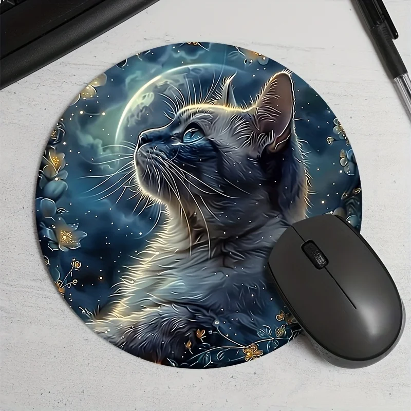 Black Cat Print Pattern Round Portable Durable Textured Mouse Pad, Cartoon Thickened Desktop Non-Slip Rubber Pad for Gamers
