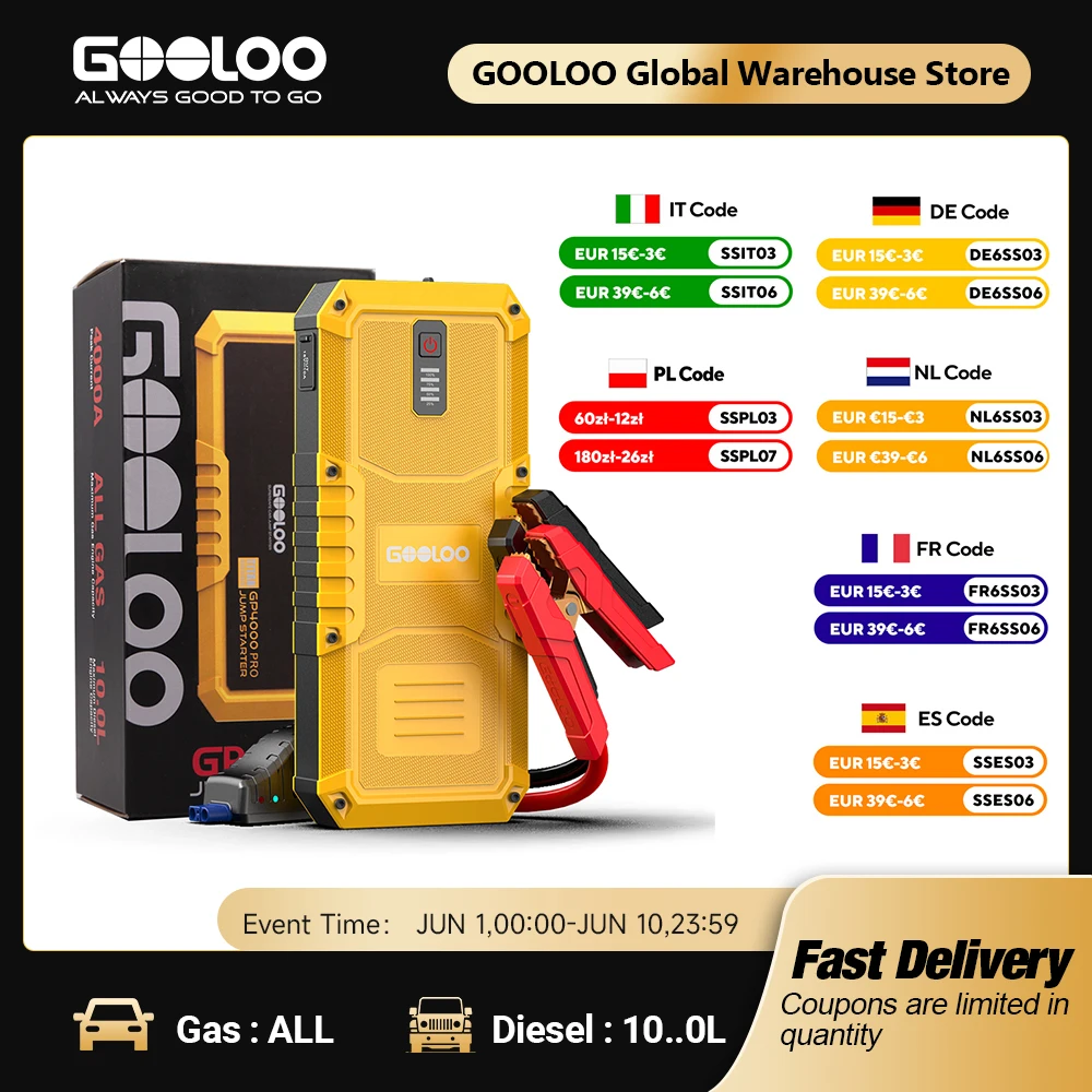 GOOLOO 26800mah Power Bank de démarrage de voiture 4000A 12V, dispositif de démarrage pour voitures essence et diesel, chargeur de batterie automobile, booster de démarrage