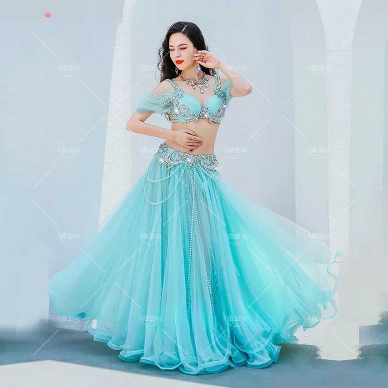 

Belly Dance Performance Costume Senior AB Stones Bra Top+yarn Long Skirt 2pcs Customsized for Women Belly Dancing Popsong Suit