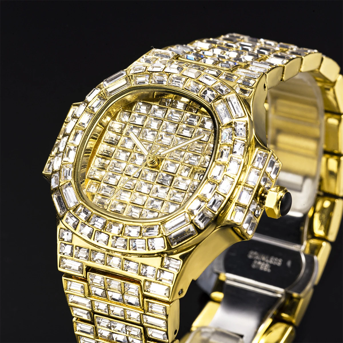 Drip Letter Ice Out Watch for Men Quartz Clock Luxury Rhinestone Business Waterproof Hip Hop Fashion Jewelry 2023 New Trend Gift