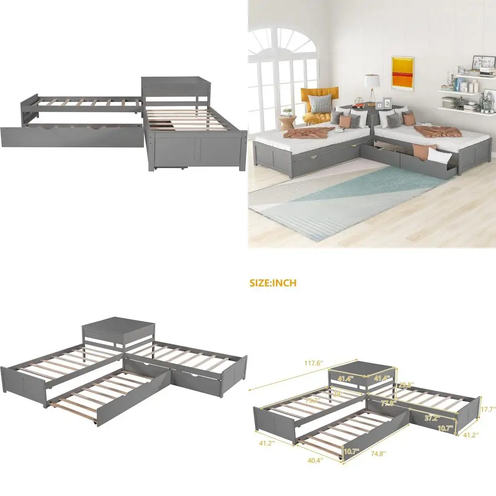 

Gray Twin L-Shaped Platform Bed with Trundle and Desk, Suitable for Kids of All Ages