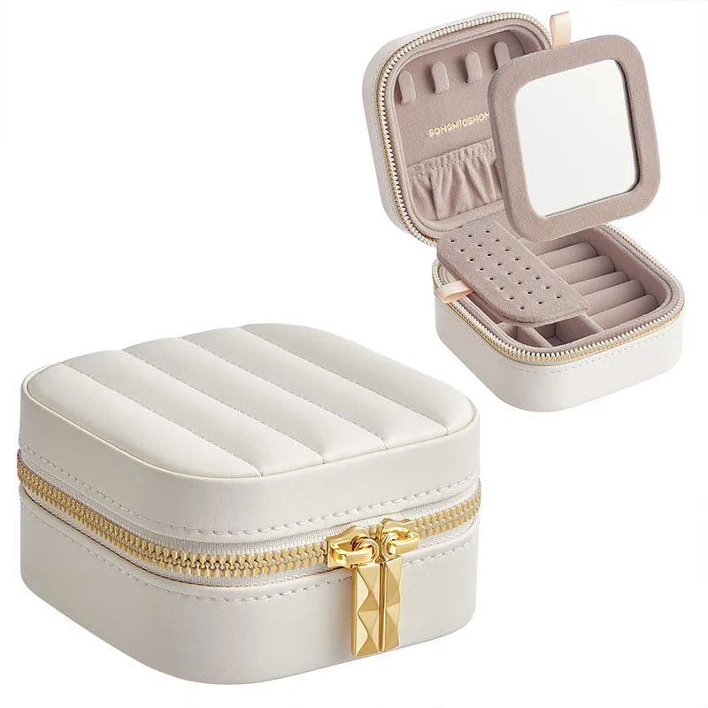 

Mini Portable Travel Jewelry Case with Mirror Necklace Rings Studs Earring Storage Organizer Compact Jewelry Box Organizer