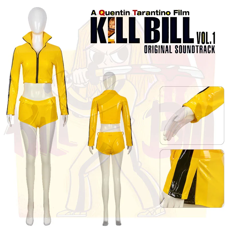 

New Movie Kill Bill Cosplay Costume Yellow Sexy Top Shorts The Bride Beatrix Kiddo Cosplay Tight Navel Exposed Leather Jacket