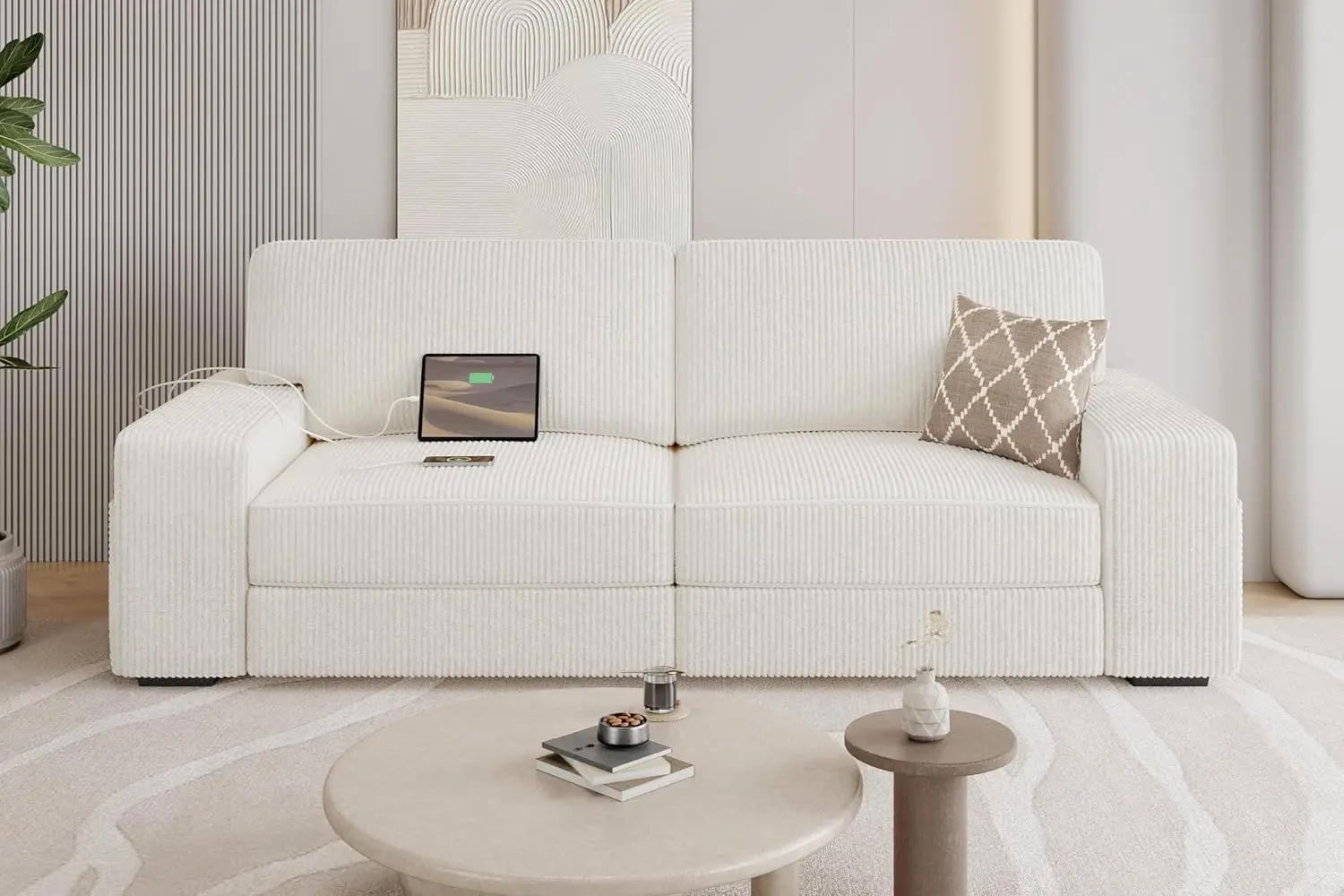 

Современный вельветовый диван 83,5 дюйма с USB-портами и местом для хранения вещей, слоновая кость