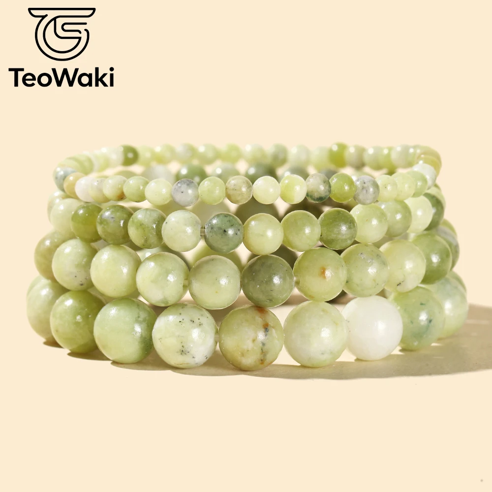 TeoWaki Chinese Jade Stone Beaded Elastic Bracelet Attract good fortune, wealth and opportunities for work & life Women Men 19cm