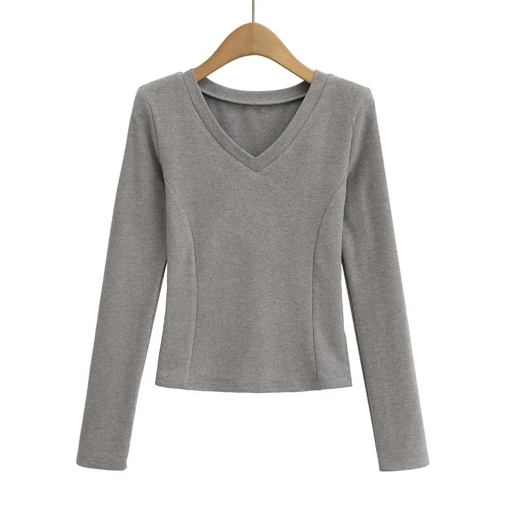 

Women's Double-sided Fleece V-neck Long-sleeved Base Shirt Slim-fit Shoulder Slimming Top for Autumn Winter