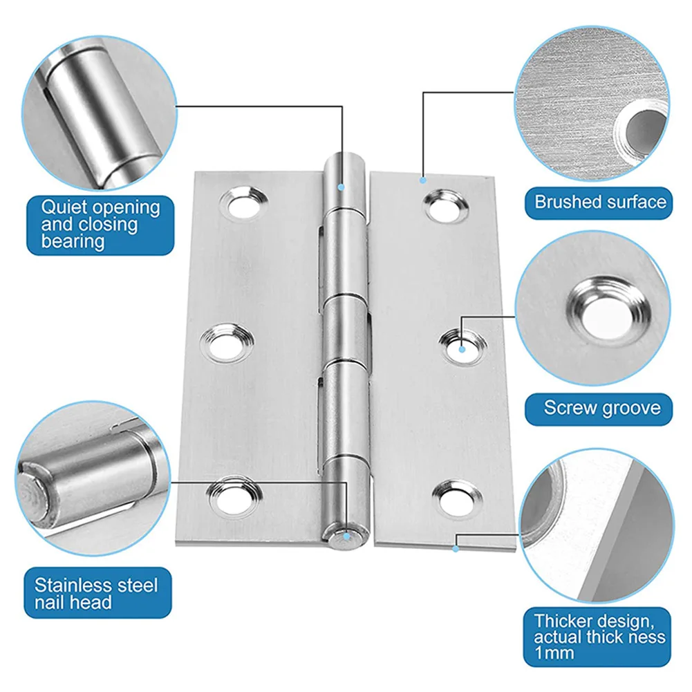 10PCS 3inch Door Hinge Stainless Steel Flat Hinges Window Cabinet Hinges Door Connector Bookcase Wooden Box Furniture Hardware