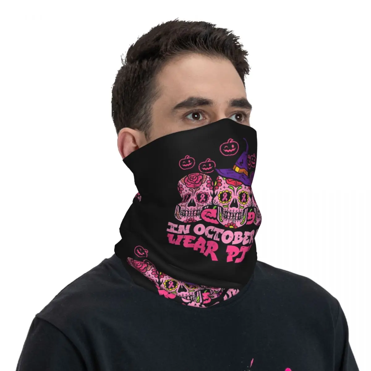 In October We Wear Pink Sugar Skull Scarf Neckerchief Neck Face Mask Polyester