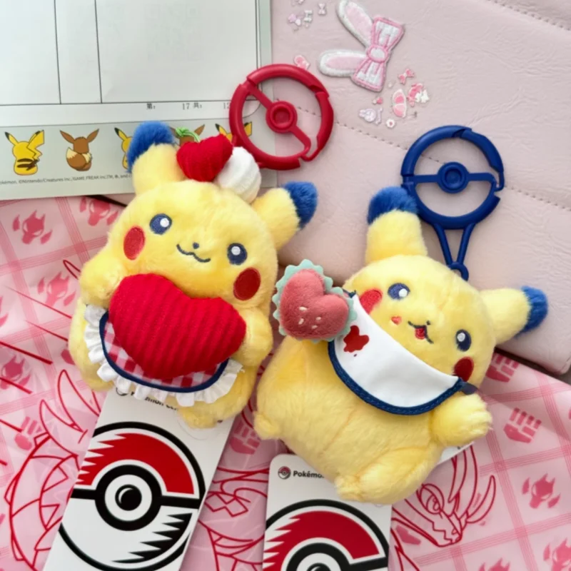 Genuine Pokemon Cafe Series Pikachu Plush Keychain Set Heart & Burger Anime Cute Model Plush Doll Collection Pendant Toys Gifts