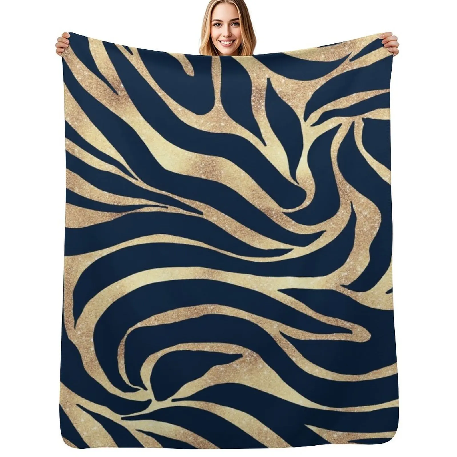 

Elegant Navy Blue Gold Zebra Print Throw Blanket Beach funny gift Plaid Luxury Blankets
