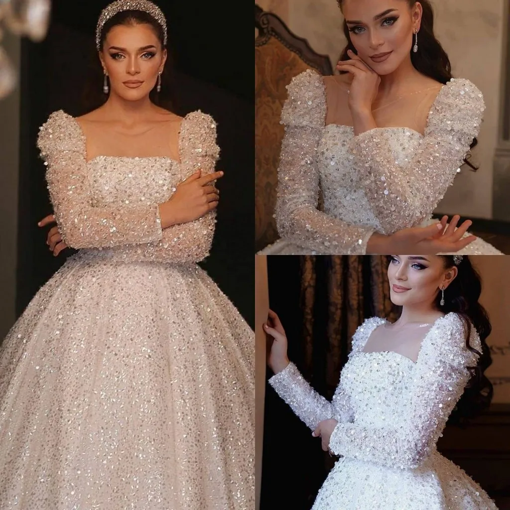 

Gorgeous Shiny Beading Sequins Wedding Dress Square Collar Lace Up Long Sleeves Bridal Gowns 2024 Vestidos De Noiva Mariage