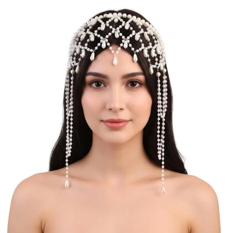 

A52E Women Hairband Pearls Hair Jewelry Bridal Modern Blingbling Tassels Pearls for Bride Wedding Party Head Chain