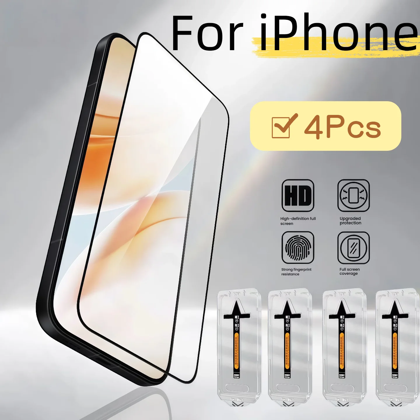 

Комплект из 4 защитных стекол для iPhone 17, 16, 15, 14, 13, XS, XR, Pro Max: легкая установка, защита от царапин