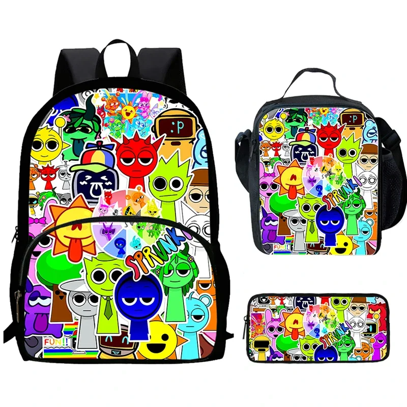 Cartoon Sprunki Child School Bags with Front Pocket,Lunch Bags,Pencil Bags for Aged 5-10 Cartoon School Backpack Boys Girls