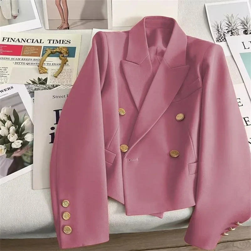 High-Quality Double Breasted Crop Blazer Women Korean Solid Long Sleeve Suit Coat Office Ladies Elegant Short Jacket Female Coat