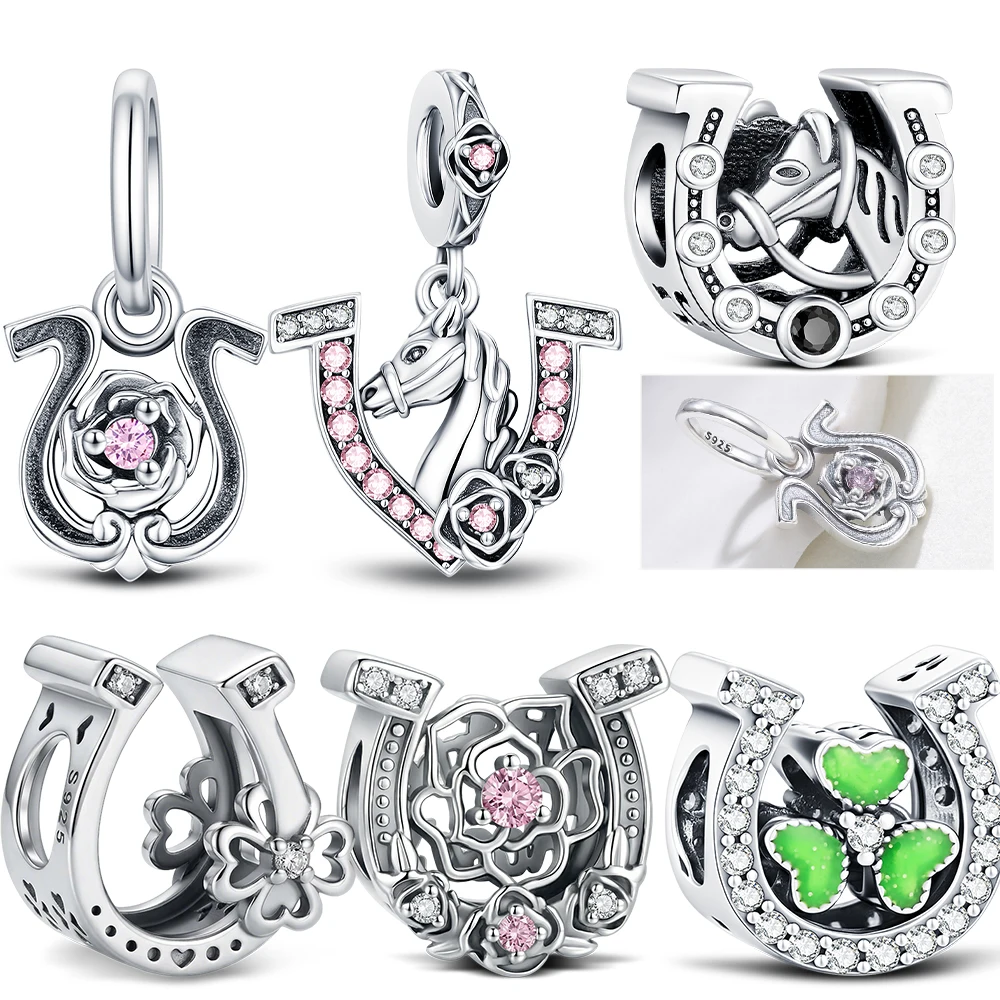 New Sterling Silver Lucky Horseshoe Dangle Charms Clover Horse Rose Pendants Jewelry Making For Classic Bracelet Ladies DIY Gift