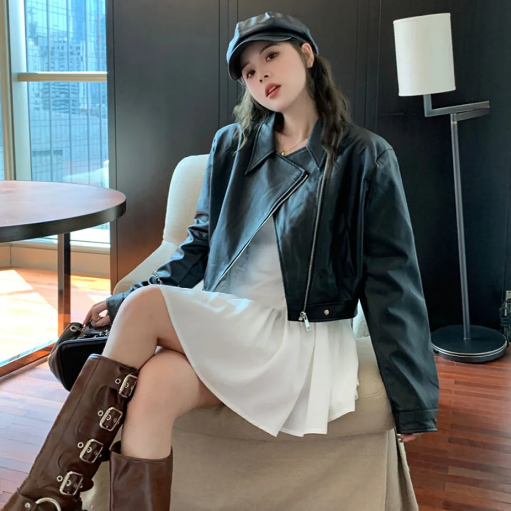 Casual Motorcycle Leather Coat Women Streetwear Zipper Harajuku Leather Jacket Long Sleeve Short Tops Korea Chic Black Outerwear