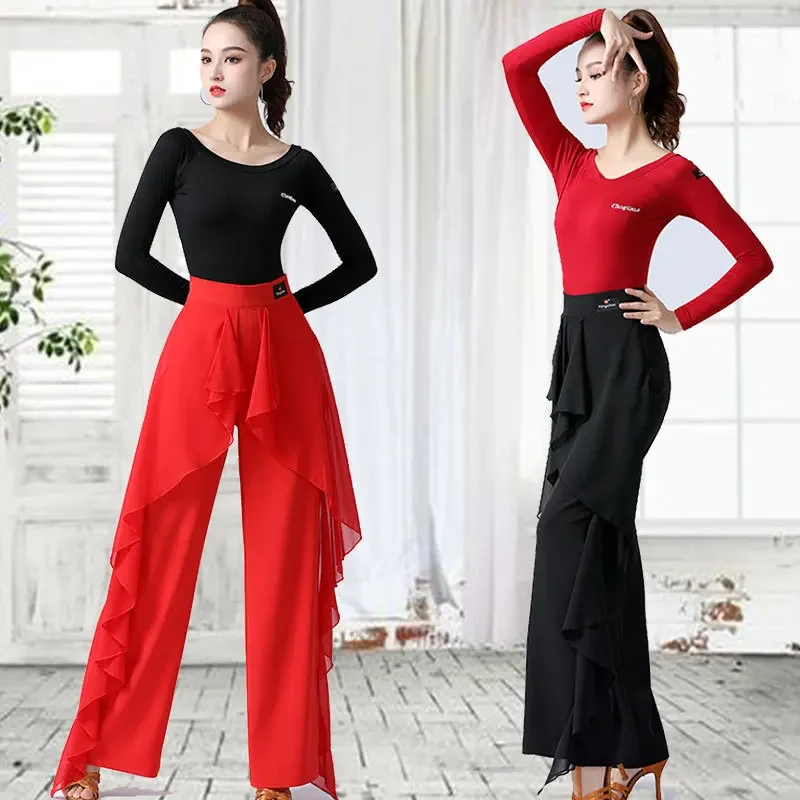 Pantalones de baile latino para mujer, pantalón de pierna ancha con volantes, cintura alta, ropa de práctica Jitba, ropa de baile de salón