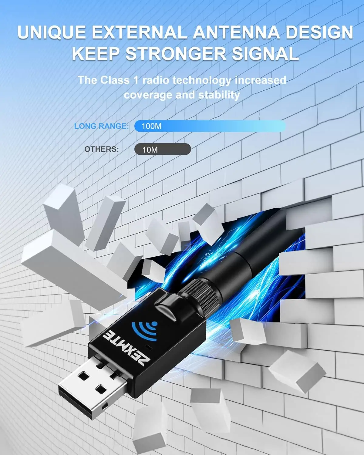 Zexmte adaptor 100 USB Bluetooth 5.0, adaptor penerima pemancar Audio Dongle Bluetooth 5.1 20M 50M untuk Windows 10/8/8.1 adaptor