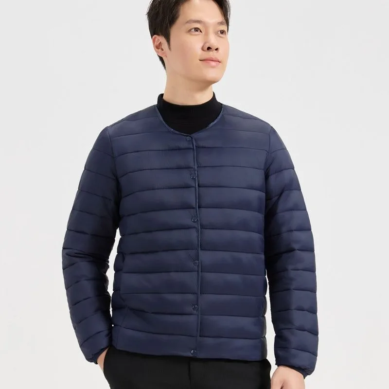 Men Collarless Lightweight Padded Jacket Warm Short Inner Coat Autumn Winter Casual Cotton Coat