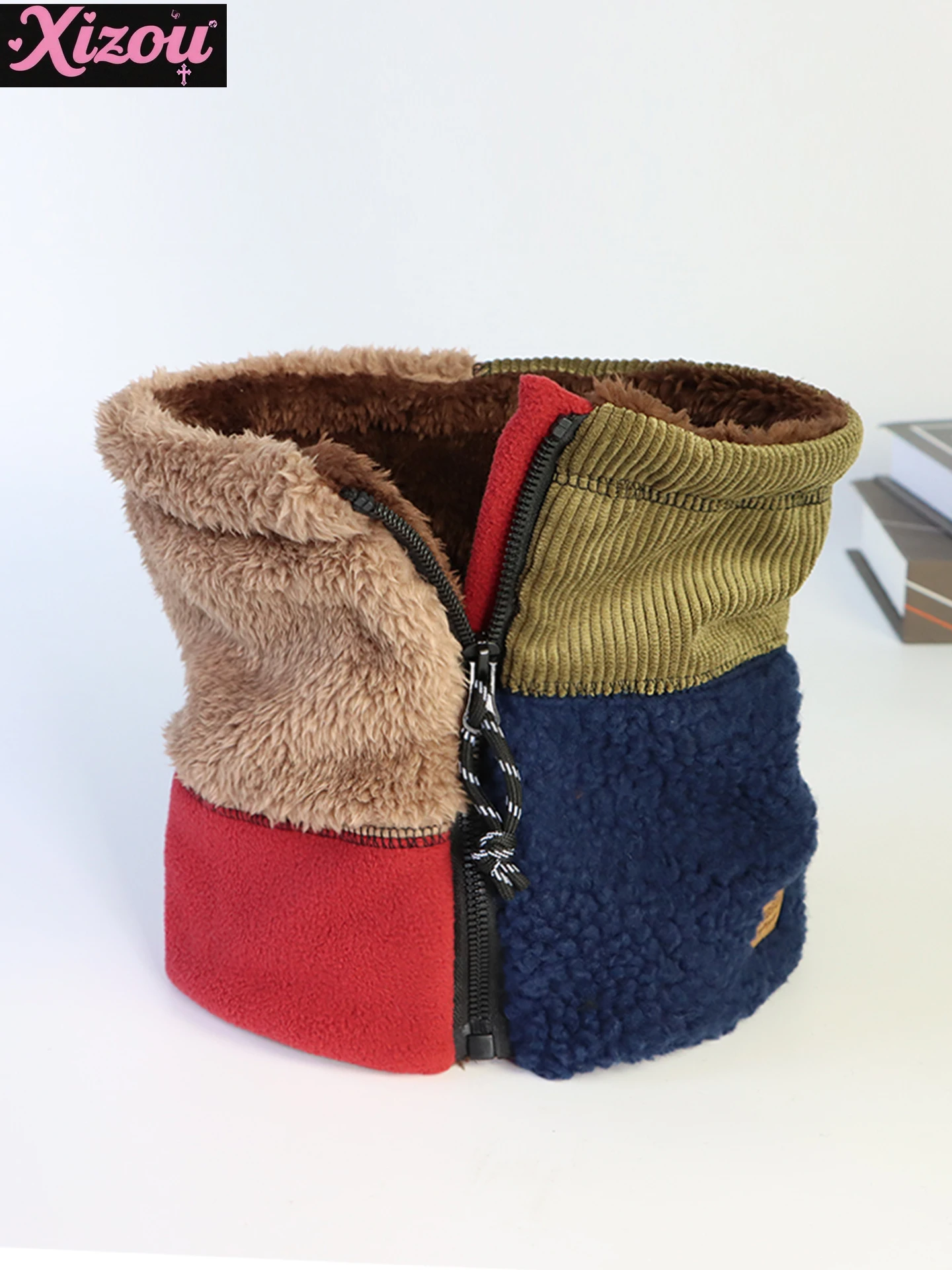 

Japanese Autumn and Winter Color Matching Warm Fashionable Velvet Zipper Neck Cover Outdoor Windproof Neck Protection Scarf