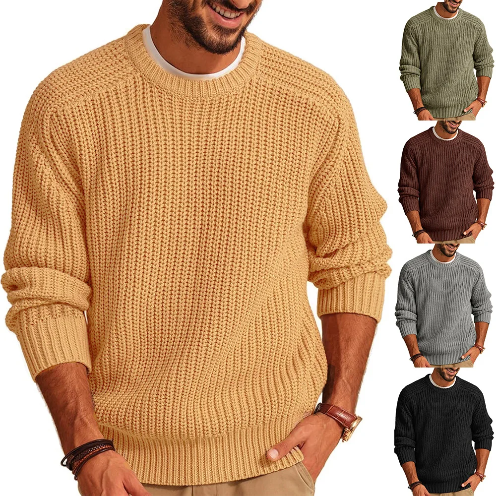 

New Men's Solid Color Long Sleeve Round Neck Fashion Sweater Loose American Vintage Knitwear Sehe Fashion
