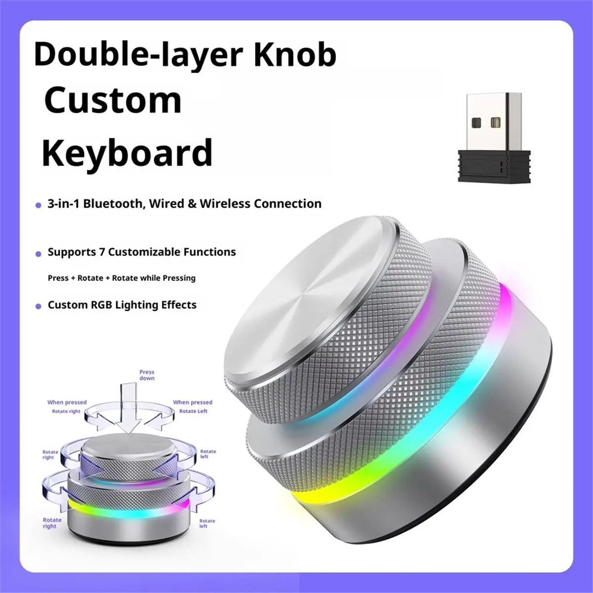 DT1482~Volume Control Knob 2.4G Bluetooth USB C Wired Multimedia Controller Knob with RGB Light for Phone Tablet PC