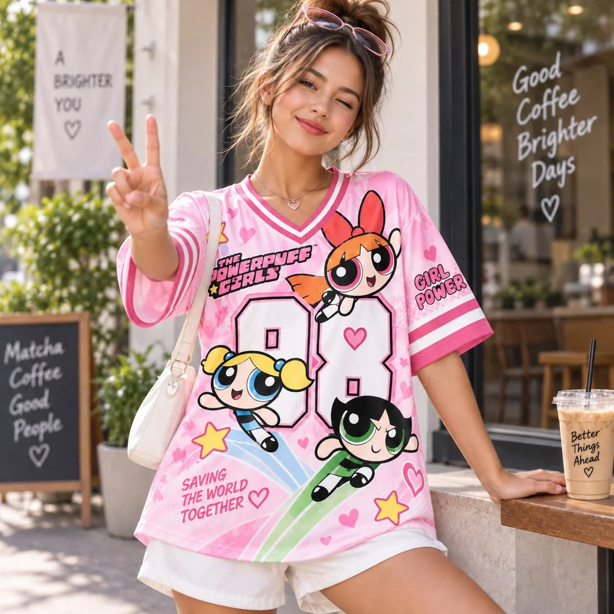 Women T Shirts V Neck The Powerpuff Girls Cartoon Graphic Jersey Tops Blue Cute Kawaii Style Couple Outfit Unisex Summer Fashion