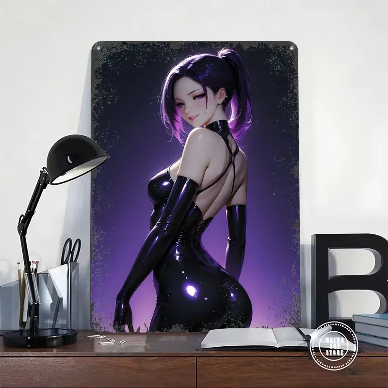 Purple Anime Girl in Latex Printed Poster Customized Wall Art Retro Vintage Metal Tin Signs for Room Ornaments Office Decor Home