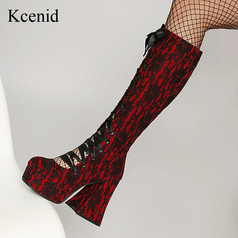 

Kcenid Women's Chunky Heel Platform Long Boots Fashion Lace-Up Super High Heel Sexy Knight Boots Large Size 43 for Runway Shoes