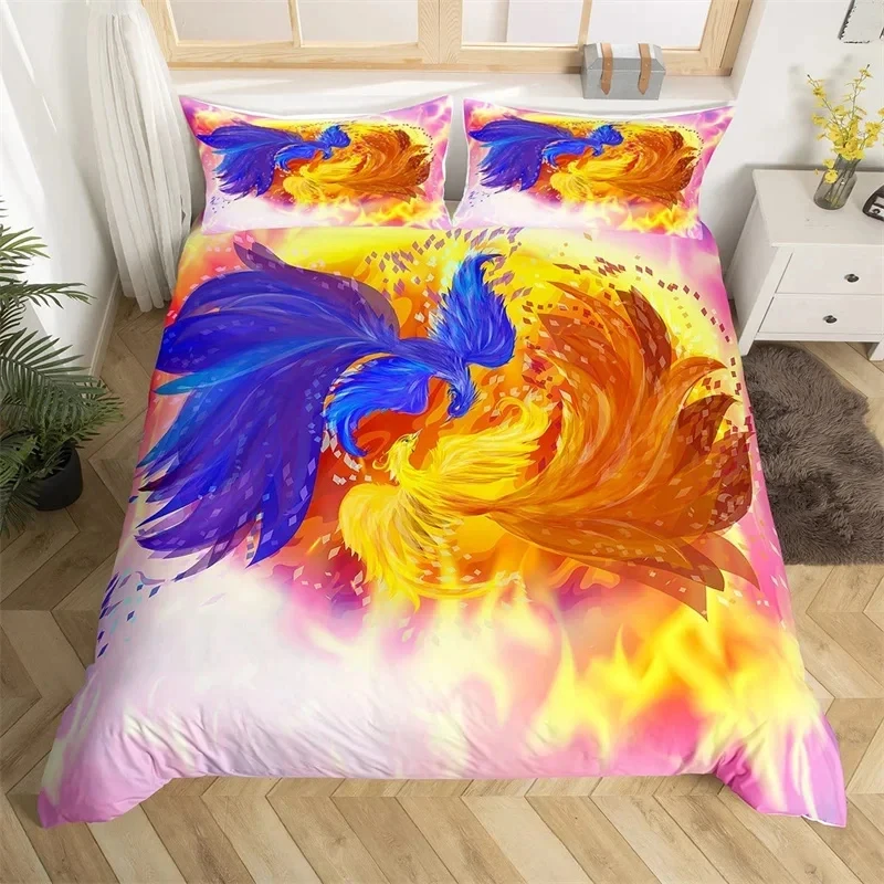 Colorful Phoenix Duvet Cover Set Cartoon Birds Bedding Set Full King Size Microfiber Flame Wings Comforter Cover For Boys Girls