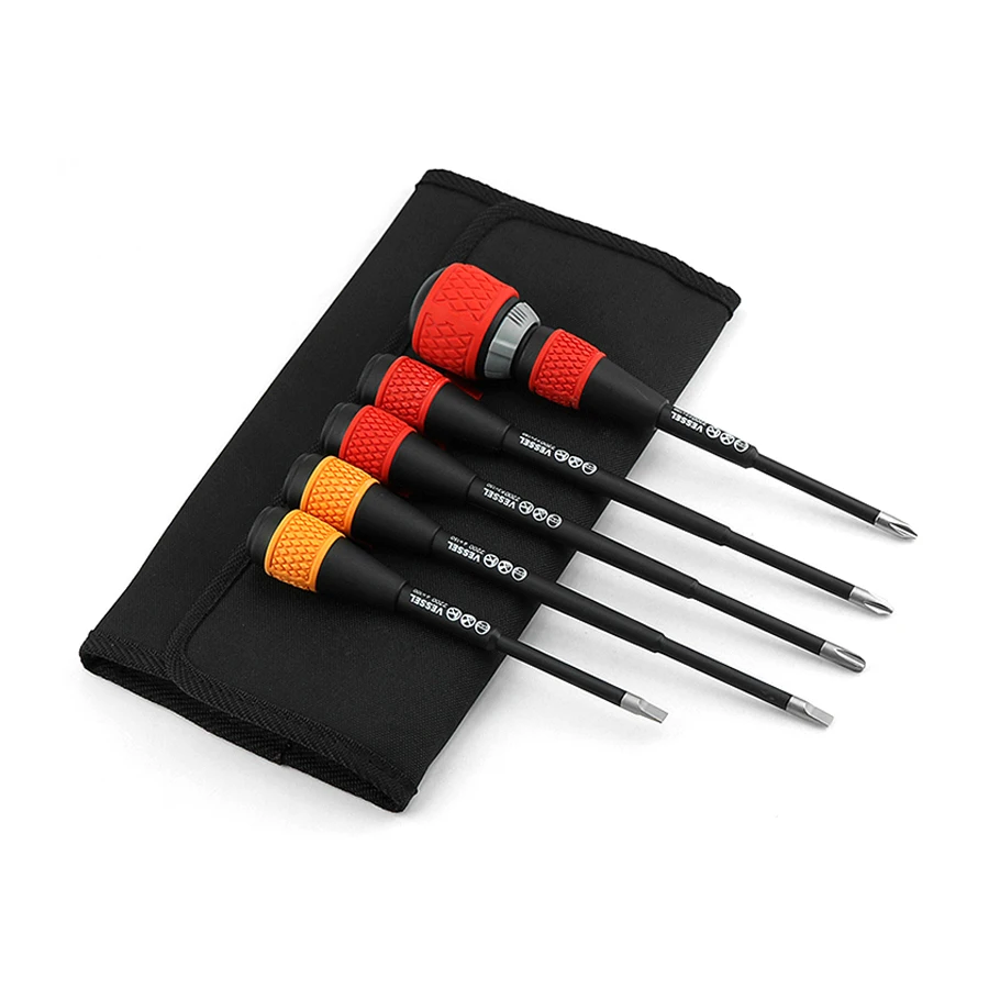 VESSEL 2200B Ball Grip Ratchet Screwdriver Set 6Pcs for Phillips and Slotted Screws Hand Tools Mechanical Repair Screwdriver