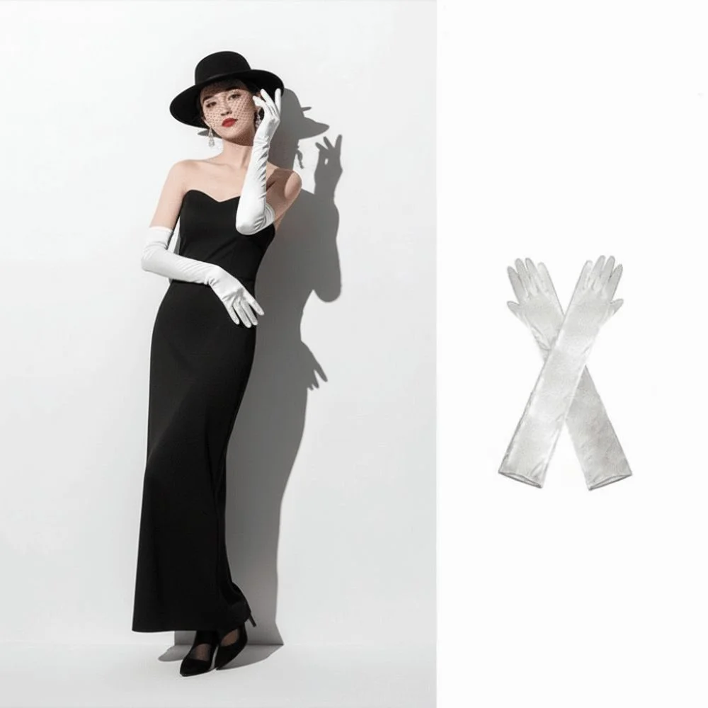 Elegant White Satin Long Gloves Lace Sweet Wedding Bridal Gloves Vintage Elastic Long Finger Mittens Masquerades Party