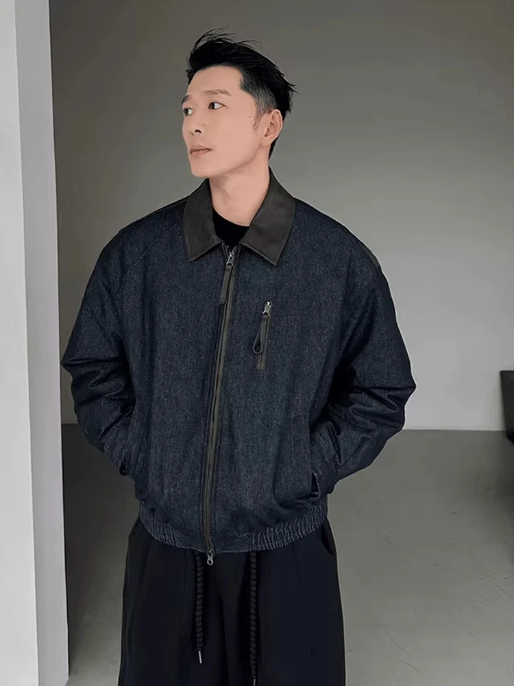 

Blue Denim Original Color Men's down Jaet Winter ort Sle White Du Feather Collar Stand up Leather Patchwork Workwear