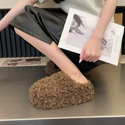 Thick Heel Luxury Lambwool Mules Winter Shoes Woman Flip Flops Flat Cover Toe Slides Ins Warm Curly Lamb Fur Slippers Women