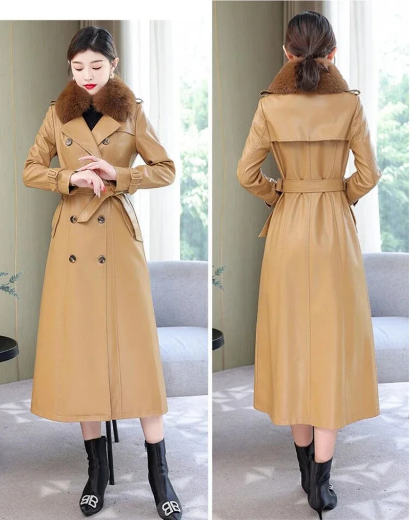 Fashion M-5XL Fox Fur Collar Turn Down Women Long Sleeve Belt Sheepskin Outwear Winter Genuine Leather Trench Coats