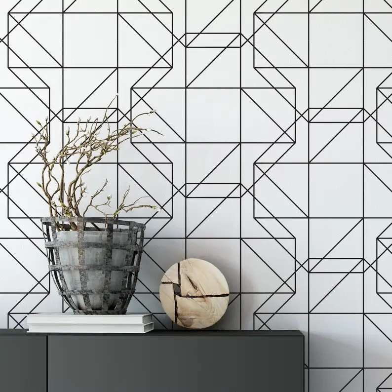 Geometric Black Lines - Black and White Wallpaper - Polygonal Lines Wall Art - Removable Wallpaper - SKU:GBLP