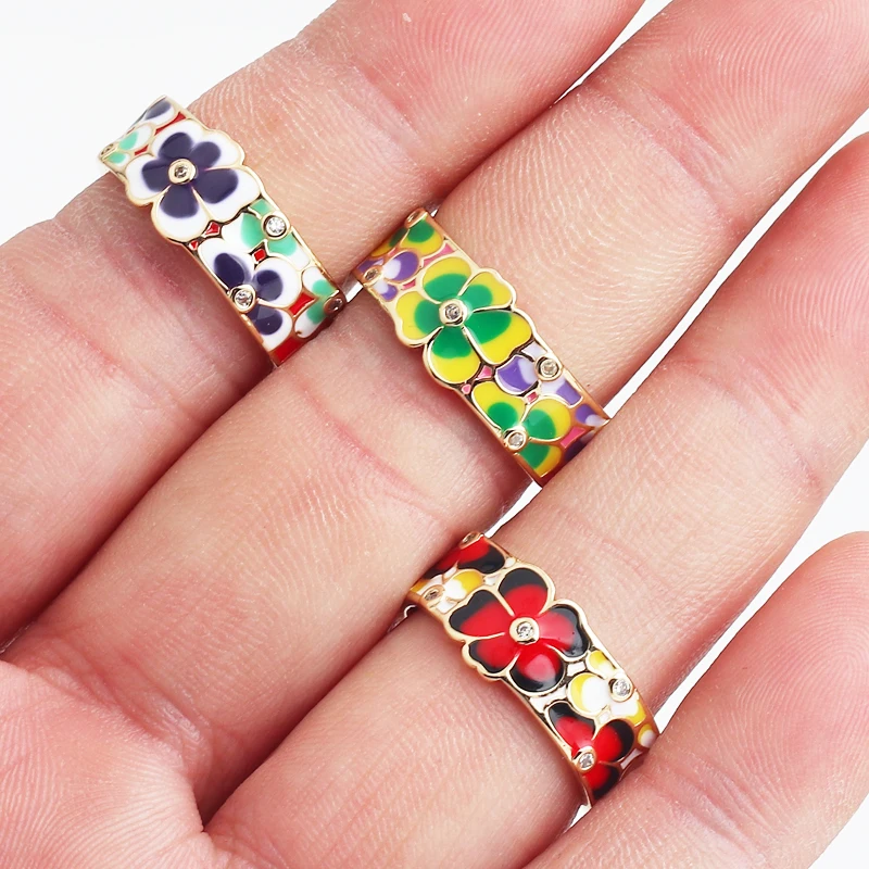 New Colorful Glaze Enamel Rings Metal Engrave Flower Ring Geometry Irregular for Women Girls Travel Jewelry