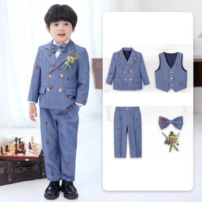 Gentleman Kids 5Pieces Mushroom Jacket Vest Pants Bowtie Flower Photograph Suit Boys Easter Ceremony Dress Child Evening Costume