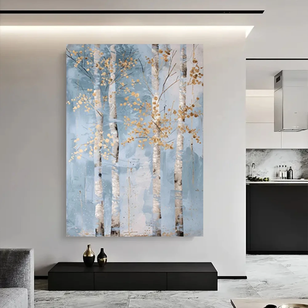 

Fashion Hand Painted Landscape Knife Thick Oil Painting on Canvas Birch Tree wall Art Modern salon Artwork For Living Room Decor