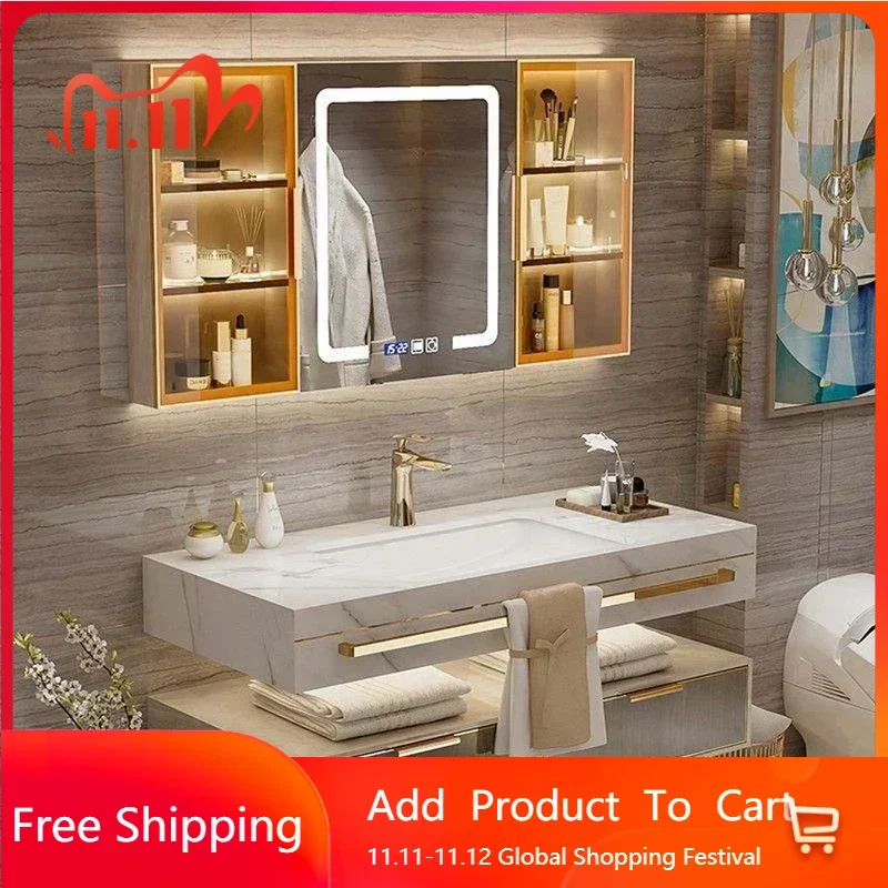 

Stock Modern Slate Bathroom Cabinet With Smart Mirror Modern Double Washbasin Bathroom Vanity mobile bagno furnitures Skincare