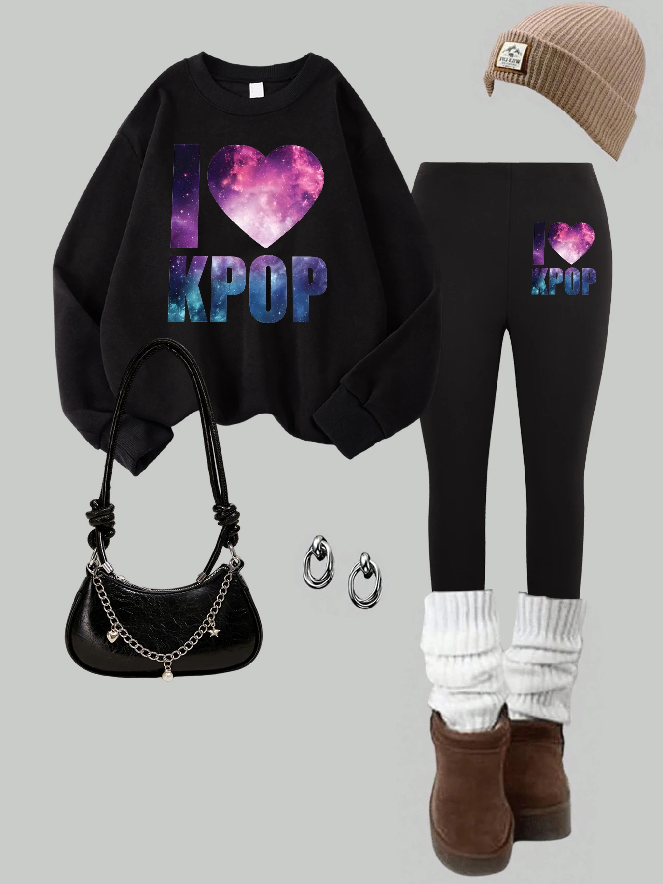 I Love Kpop Creative Letter Print Womens Sweatshirt Set Winter Casual Pullover Thicken Loose Leggings Elasticity Fleece Pants