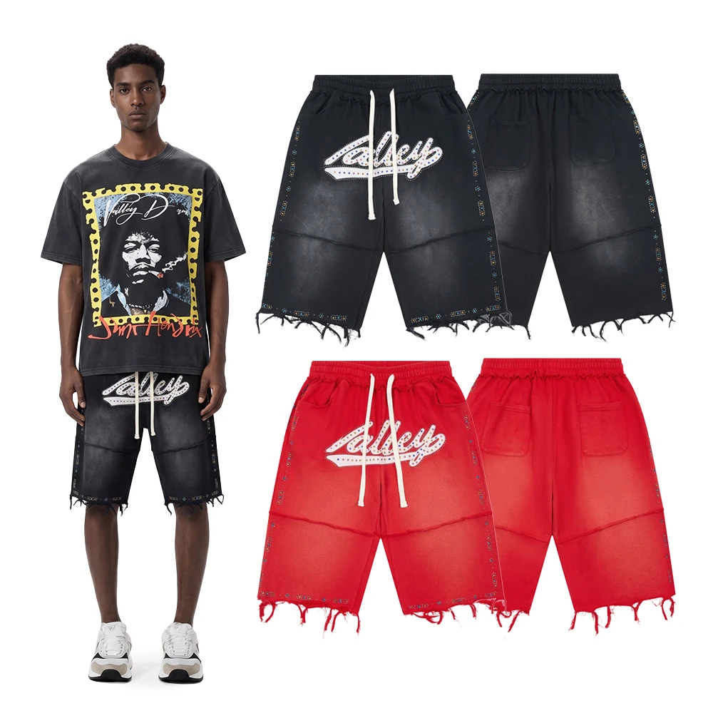 Y2k Streetwear Short Pants with Color Rhinestones Hiphop Street Style Cotton Letter Embroidery Distressed Casual Short Pants Man