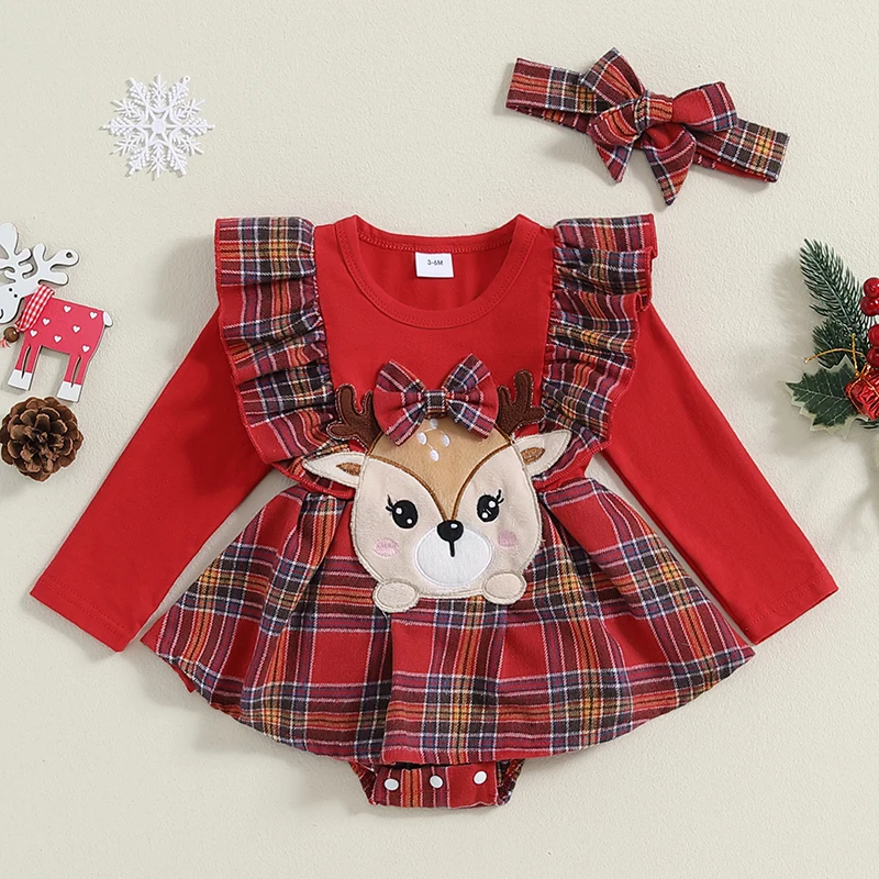 2024 Christmas Newborn Baby Girls Rompers Deer Embroidery Plaid Print Long Sleeve Crew Neck Ruffles Jumpsuits Xmas Gifts Outfits