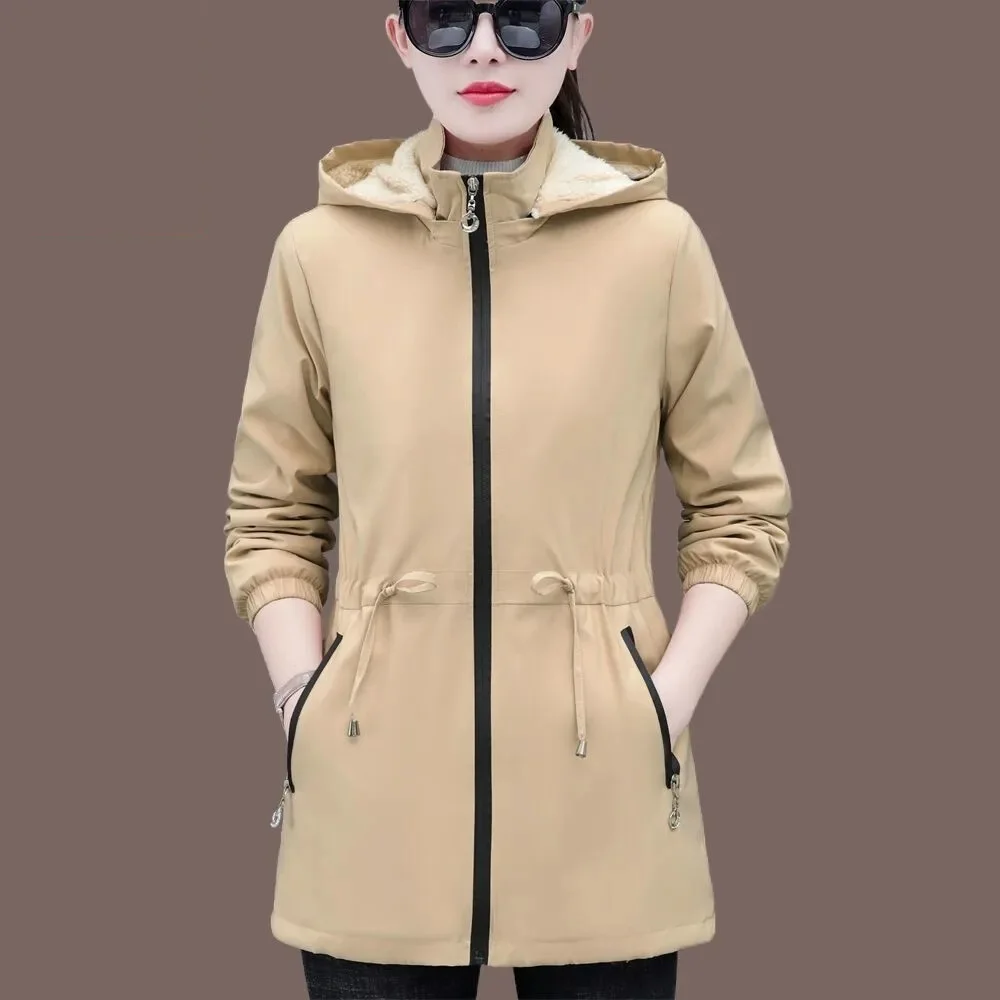 Herbst Winter Frauen Wind jacke 2023neue Samt warme mittellange Kapuze Trenchcoat koreanische weibliche Tops Frauen Jacke schlanke Outwear 5xl